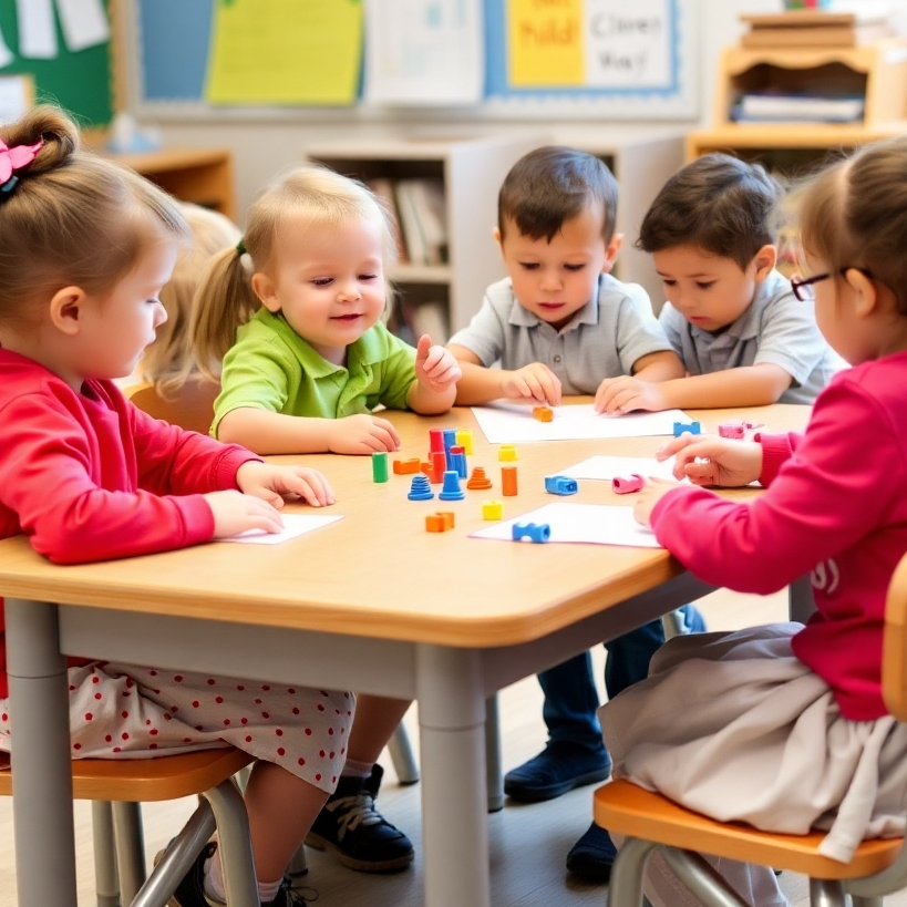A photorealistic scene showcasing different types of child care options in New Zealand. Show a vibrant daycare center, a cozy home-based care setting with a caregiver and children, and a kindergarten with children engaged in various activities outdoors. Bright colors and joyful expressions should dominate the image.
