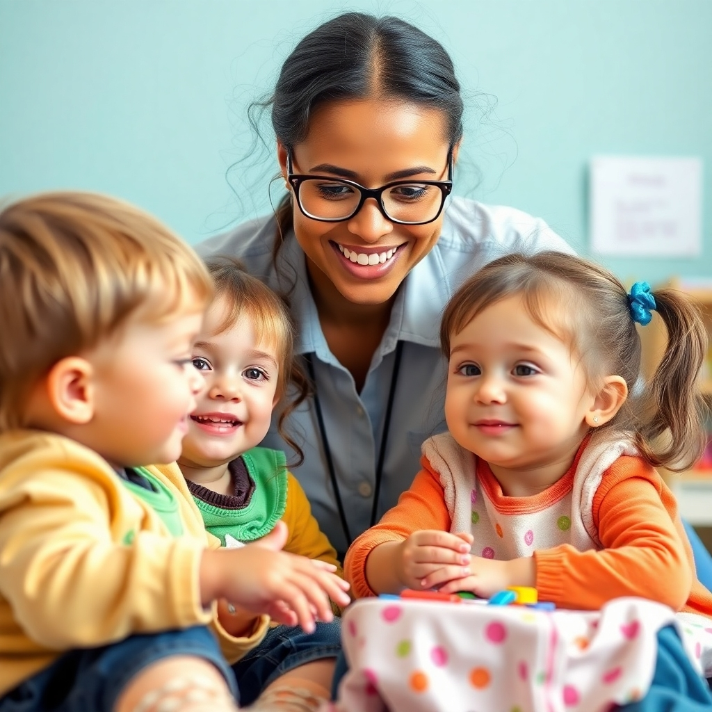 A photorealistic image showing a diverse group of children playing happily in a daycare center with colorful toys, while a loving caregiver engages with them. The environment should be bright and welcoming, with various play areas depicting different child care types available in New Zealand.