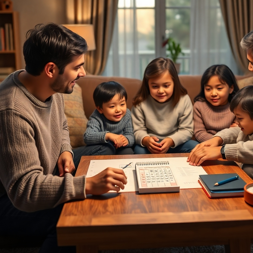 A photorealistic image of a family discussing their child care options in a cozy living room. There should be a calendar and notes on a table, with a warm atmosphere emphasizing the importance of aligning child care with family needs and routines.