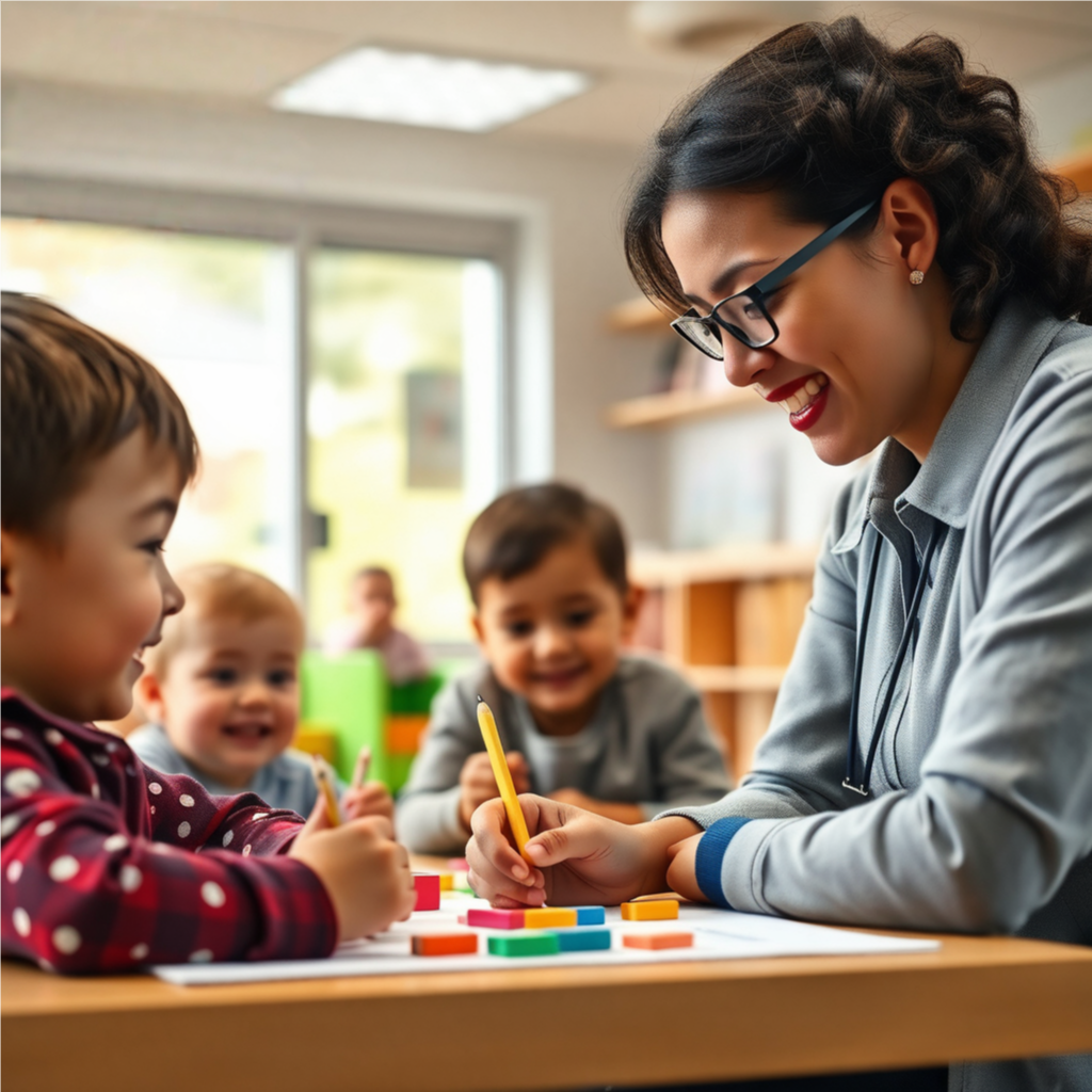 A detailed and photorealistic image of an accredited child care center with a badge of accreditation visible. The center should showcase smiling children involved in educational activities like painting or reading, under the supervision of a qualified, nurturing educator.